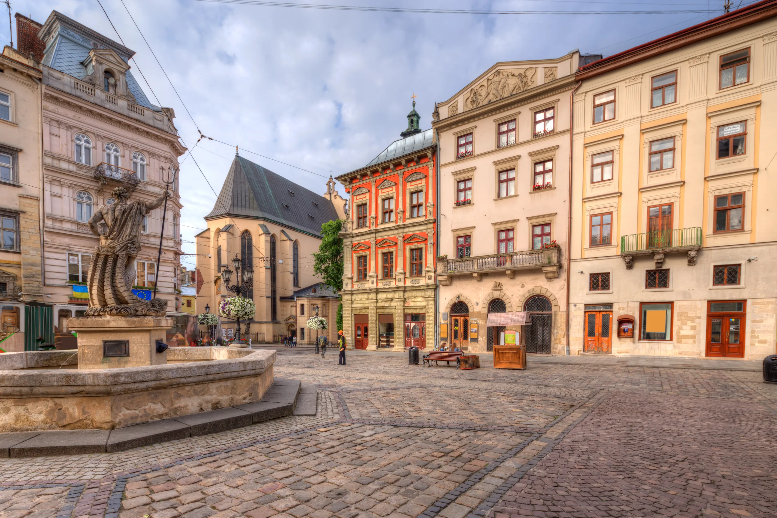 Rynok Square in Lviv with Neptune fountain.