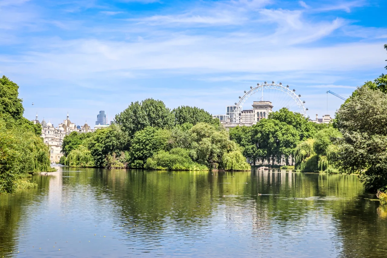A wide park lake with green trees on its banks. The London Eye and buildings of the city skyline are visible under a blue sky