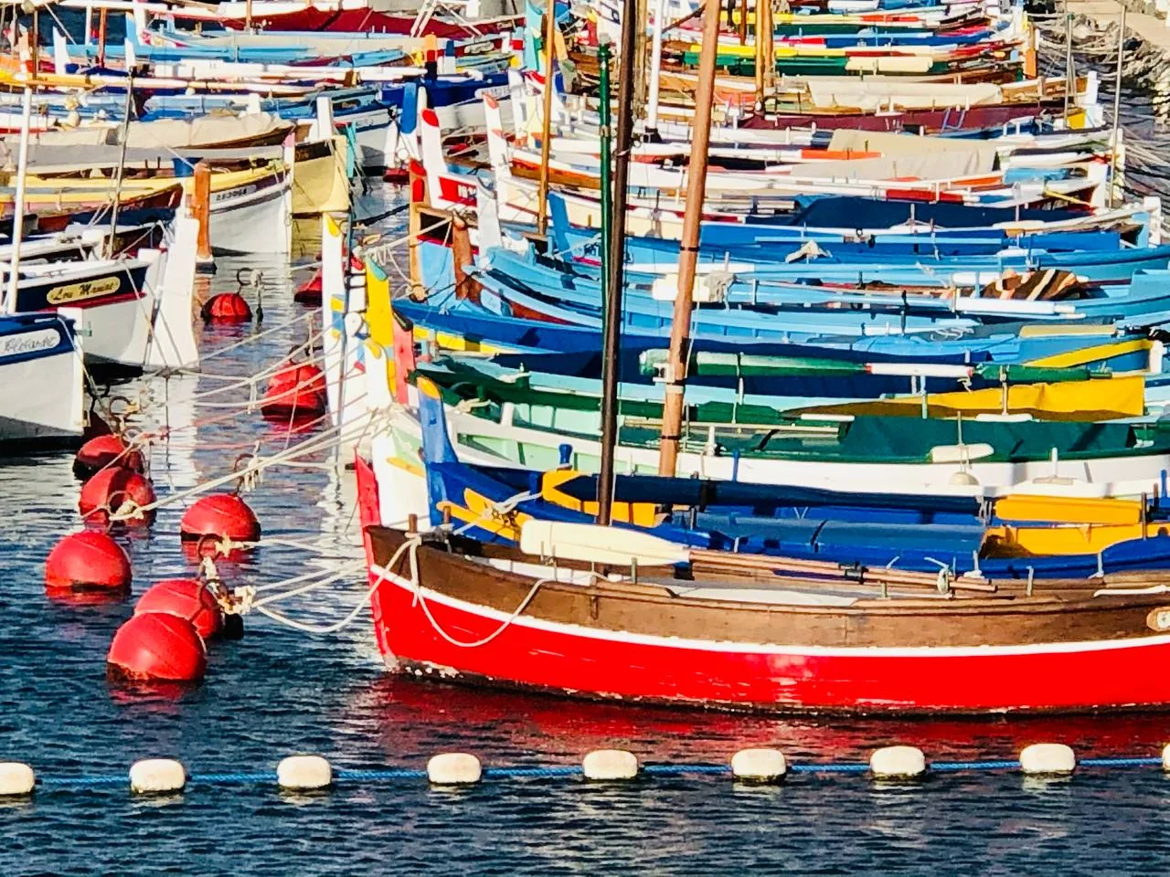 Numerosos barcos de pesca tradicionales y coloridos (pointus) atracados en un puerto soleado en Niza con boyas rojas.