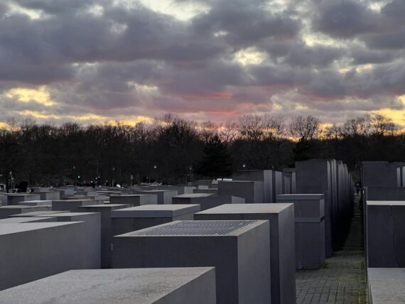 Field of grey concrete stelae of various heights under a dramatic cloudy sky with hints of sunset colors and dark trees in Be