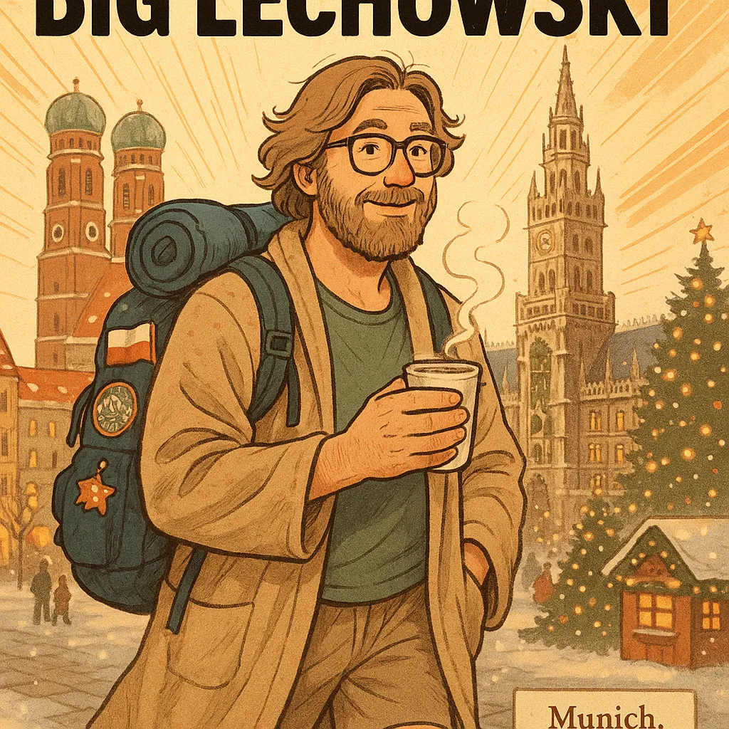 Illustration of a smiling male traveler with a backpack and a steaming mug, standing in a snowy Munich street with Frauenkirc