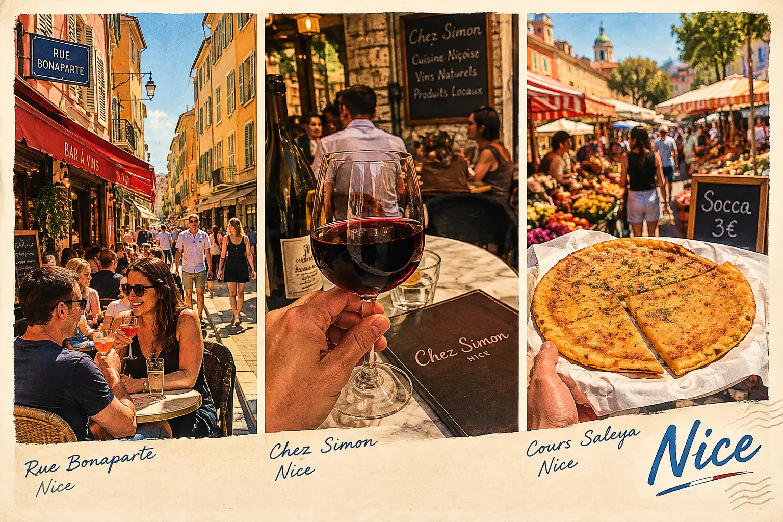 A postcard-style collage of three scenes from Nice: a busy street, a glass of red wine, and socca flatbread at a market.