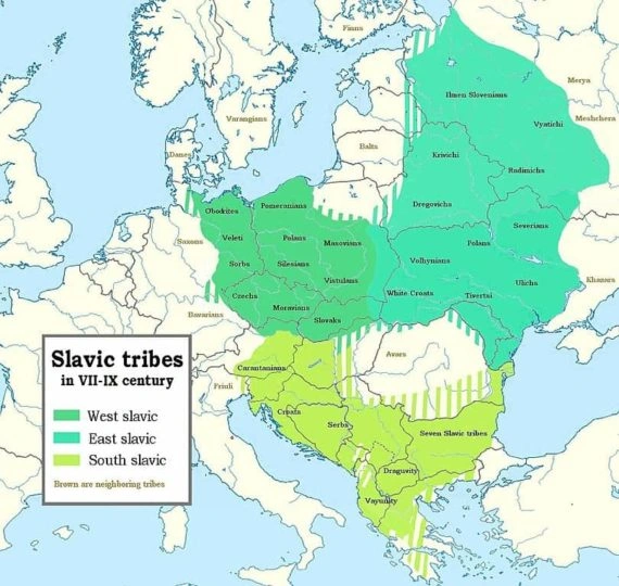 Map of Europe showing West, East, and South Slavic tribes (7th-9th century) and neighboring groups like Saxons and Bavarians.