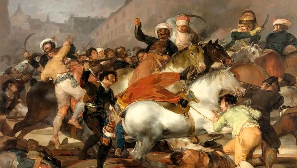 Pintura dramática de Goya de una violenta batalla callejera entre civiles españoles y soldados a caballo.