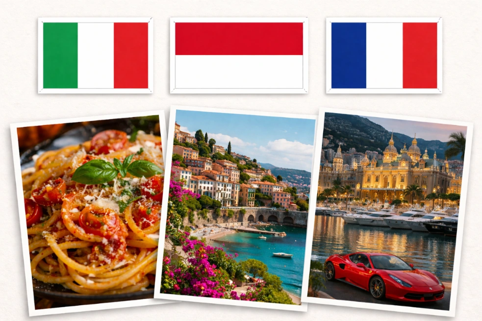Collage with flags of Italy, Monaco, France, a plate of pasta, a scenic Riviera town, and Monte Carlo harbor at dusk.