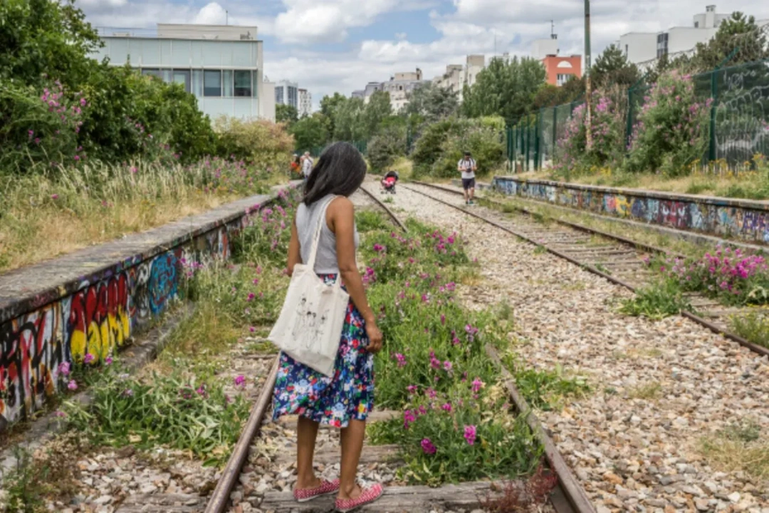 The Petite Ceinture is a former railway line in Paris, now a public walking path with greenery and street art. A woman walks along the abandoned Petite Ceinture railway tracks in Paris, surrounded by wildflowers and graffiti.