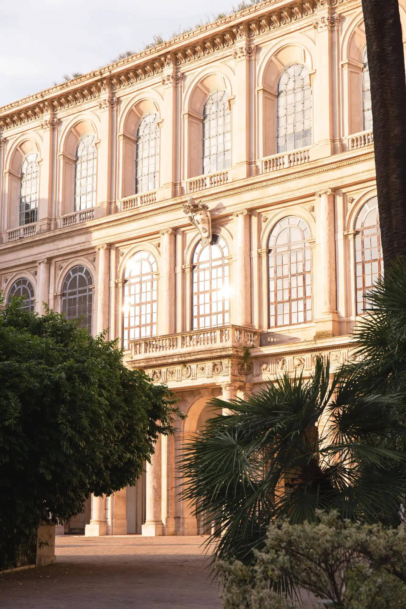 The sunlit facade of the Palazzo Barberini in Rome, seen through green trees and palm leaves.
