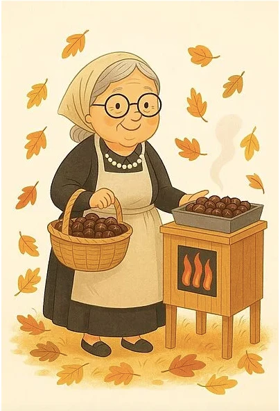 Illustration of an elderly woman roasting chestnuts next to a basket of chestnuts and falling autumn leaves.