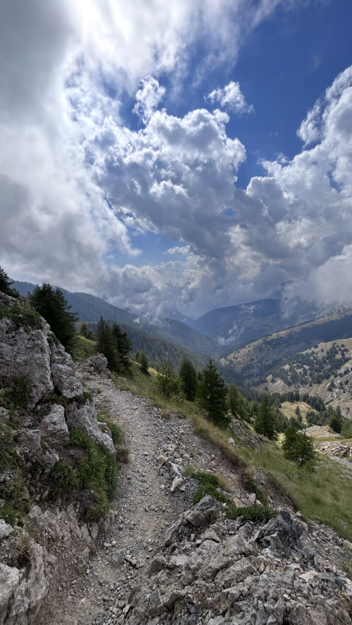 A rocky hiking trail winding along a mountain slope overlooking a green valley with pines under a cloudy sky.