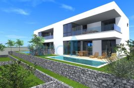 Otok Krk, Malinska, moderna kuća u novogradnji sa bazenom, okućnica, pogled, prodaja, Malinska-Dubašnica, House