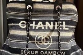 Chanel Striped Canvas Deauville Maxi Shopping Tote Bag.