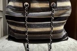 Chanel Striped Canvas Deauville Maxi Shopping Tote Bag.