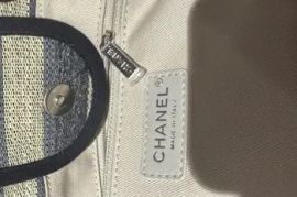 Chanel Striped Canvas Deauville Maxi Shopping Tote Bag.