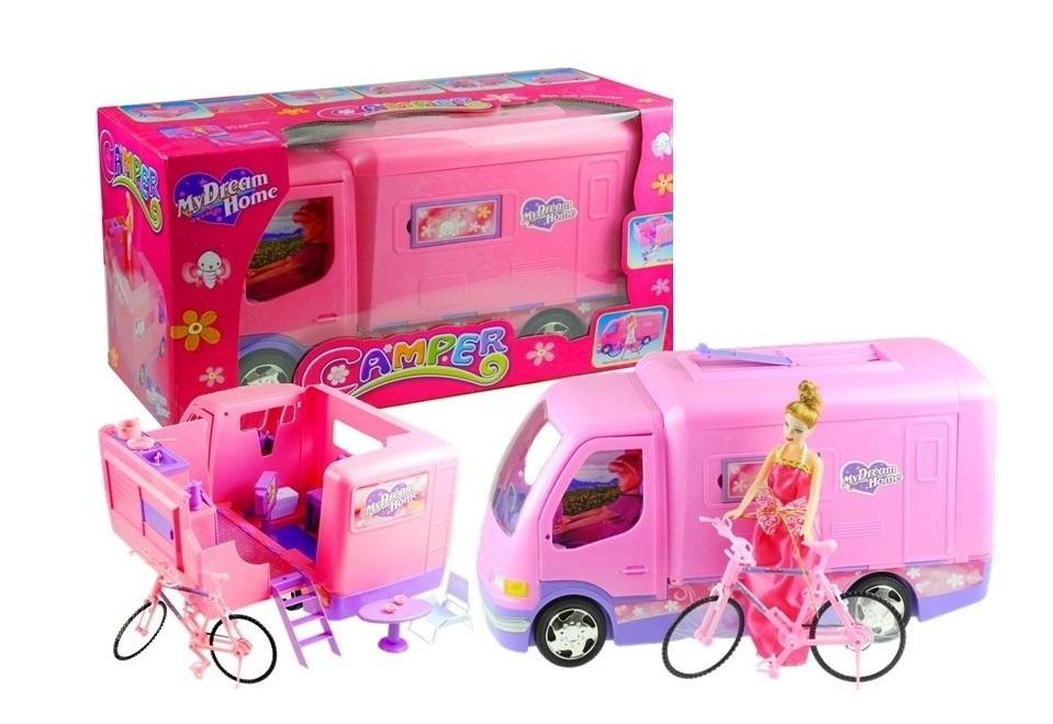 Różowy pojazd dla lalki z rowerem Camper Camping