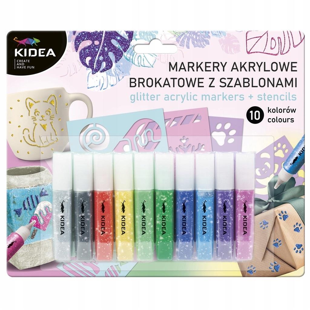 Markery akrylowe brokatowe 10 kolorów KIDEA