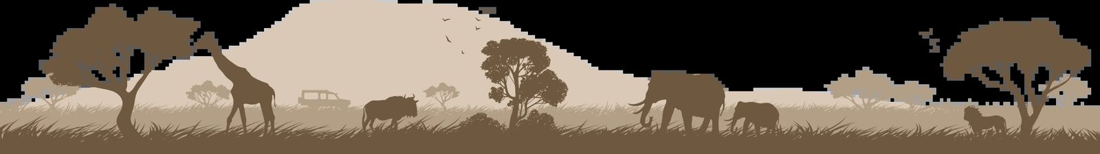 Silhouette of various animals including a giraffe, elephant, and lion in a savanna landscape with trees and a vehicle.