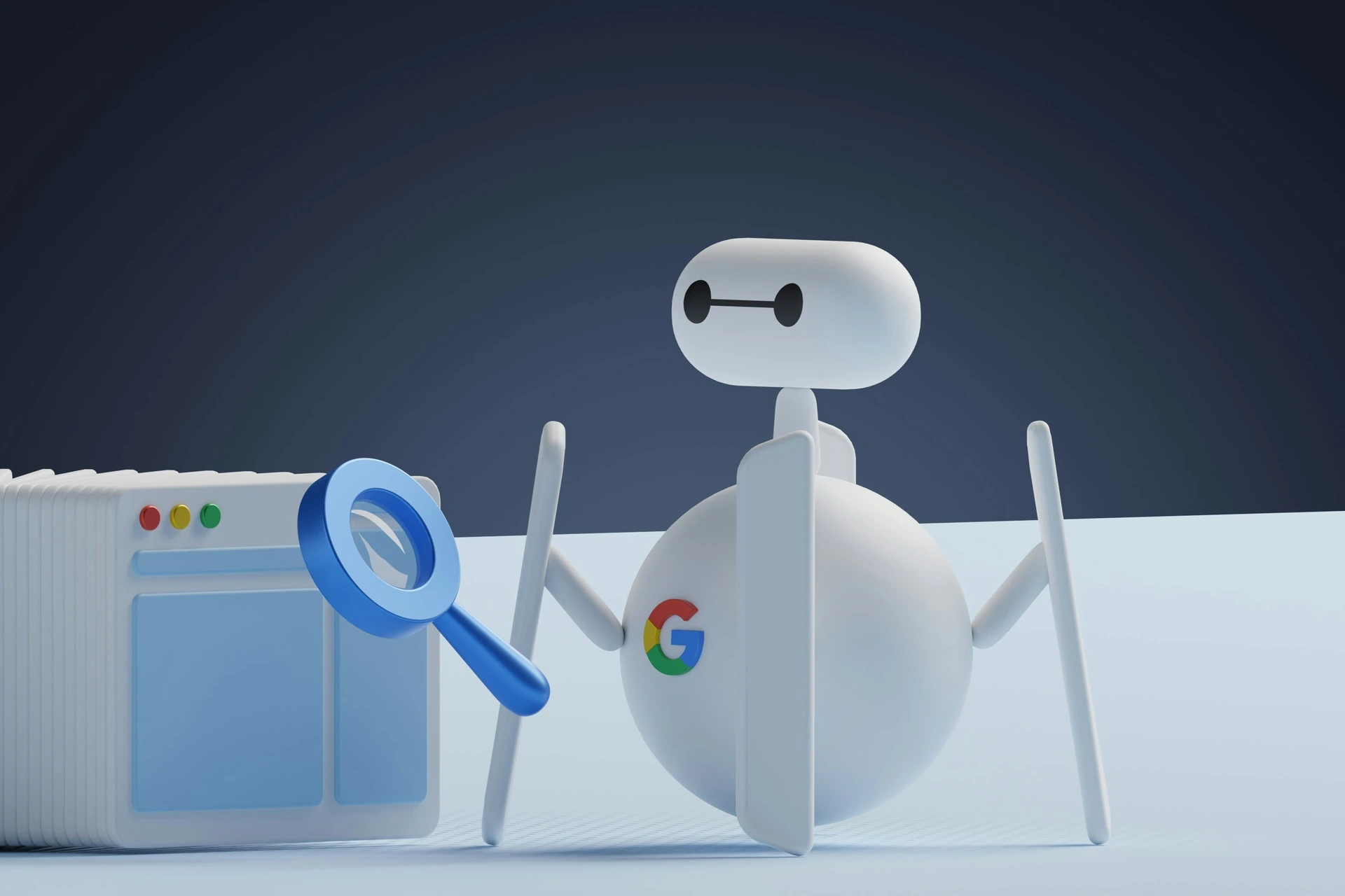 Ein freundlicher, in 3D gerenderter weißer Roboter-Maskottchen mit Google-"G"-Logo auf dem Körper, der neben einem Browserfenster steht und eine Lupe hält – ein Symbol für Suche und Google-SEO.