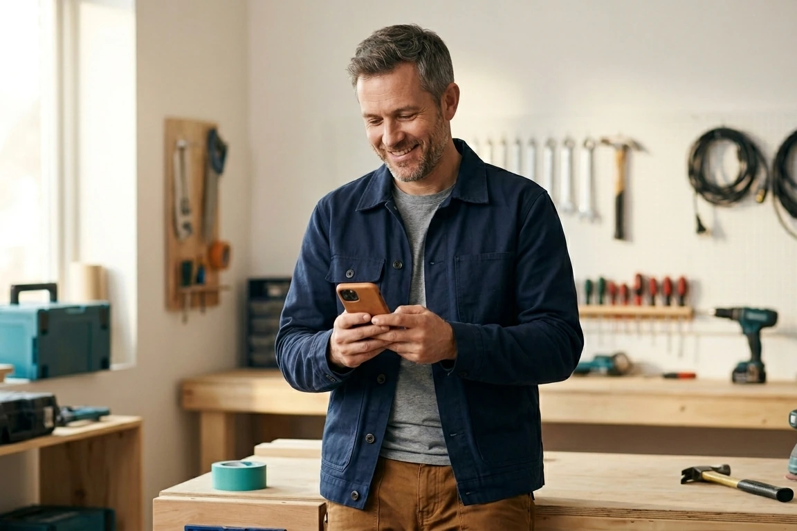 Ein Handwerker, der seine Website auf dem Smartphone nutzt