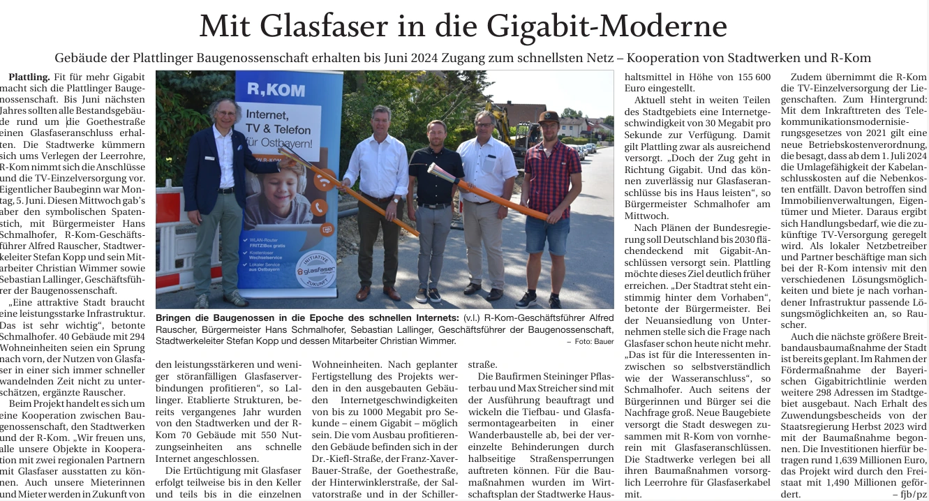 Zeitungsartikel der Plattlinger Zeitung über den Glasfaserausbau der Plattlinger Baugenossenschaft in Kooperation mit Stadtwerken und R-Kom